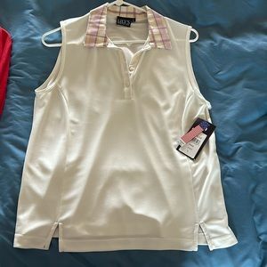 LILYS OF BEVERLY HILLS… white sleeveless women, golf shirt, size L